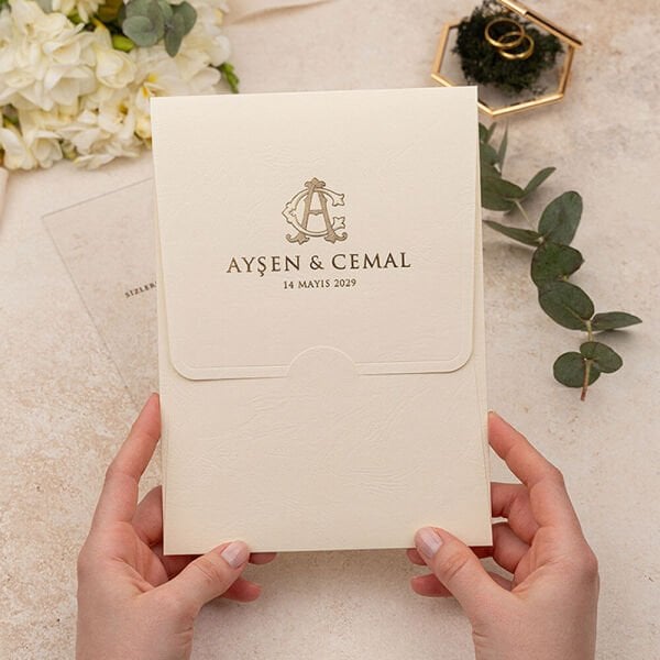 Düğün Davetiyesi Er-505135 | Bej Renk Mermer Desen Zarflı Şeffaf Davetiye