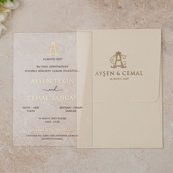 Düğün Davetiyesi Er-505135 | Bej Renk Mermer Desen Zarflı Şeffaf Davetiye