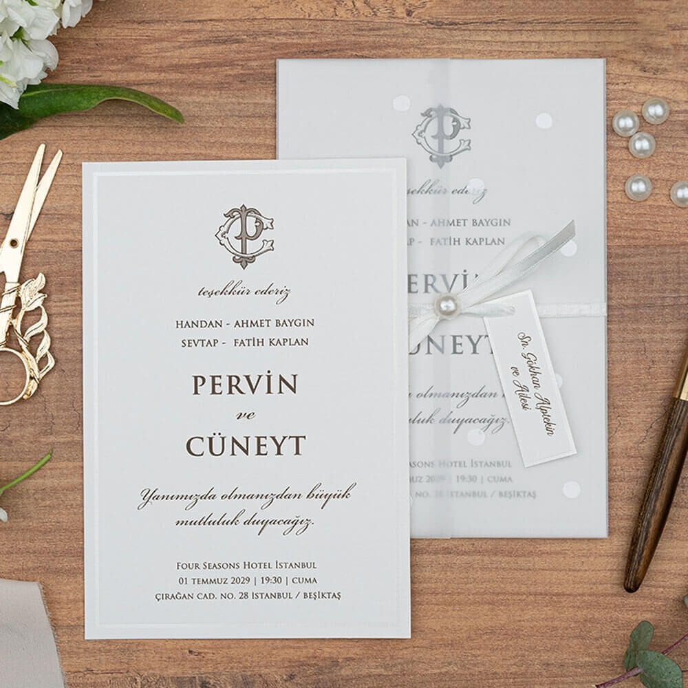 Düğün Davetiyesi Er-505145 | Şeffaf Asetat Zarflı Kurdele ve İnci Detaylı Modern Davetiye