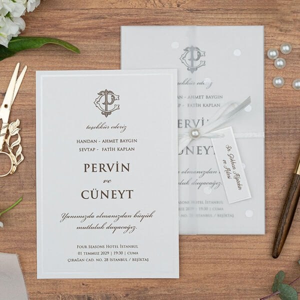 Düğün Davetiyesi Er-505145 | Şeffaf Asetat Zarflı Kurdele ve İnci Detaylı Modern Davetiye