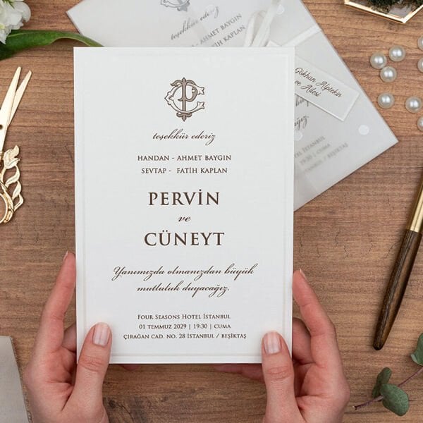 Düğün Davetiyesi Er-505145 | Şeffaf Asetat Zarflı Kurdele ve İnci Detaylı Modern Davetiye