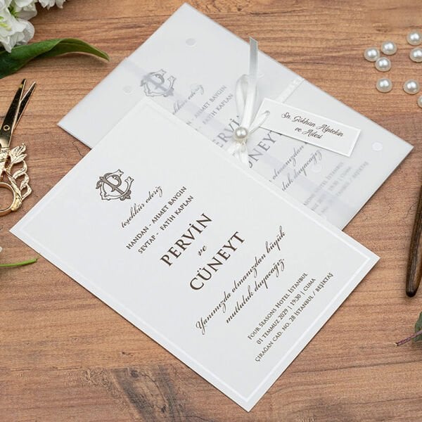 Düğün Davetiyesi Er-505145 | Şeffaf Asetat Zarflı Kurdele ve İnci Detaylı Modern Davetiye