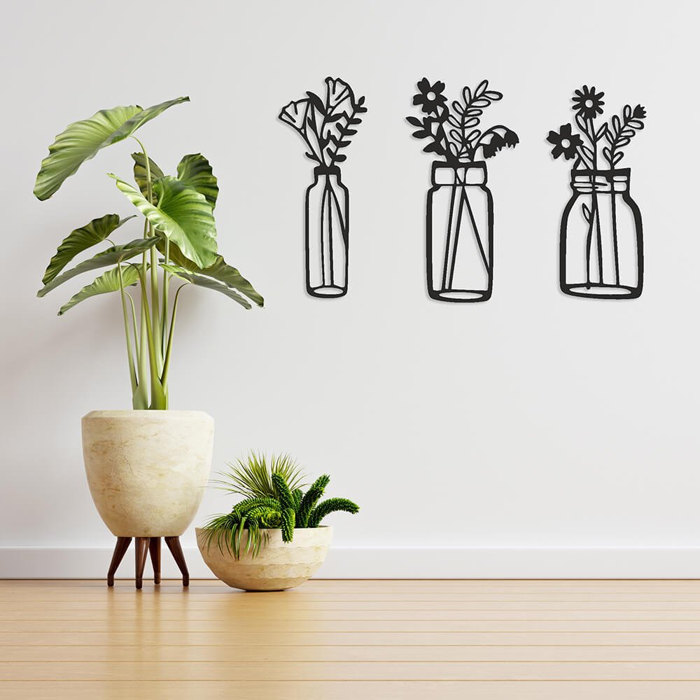 MDF Tablo Dekoratif 3'lü Çiçek Vazo 1 MDF-15