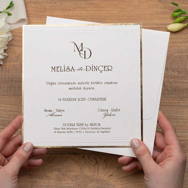 Düğün Davetiyesi Er-505117 | Deri Desen Zarflı Kare Modern Davetiye