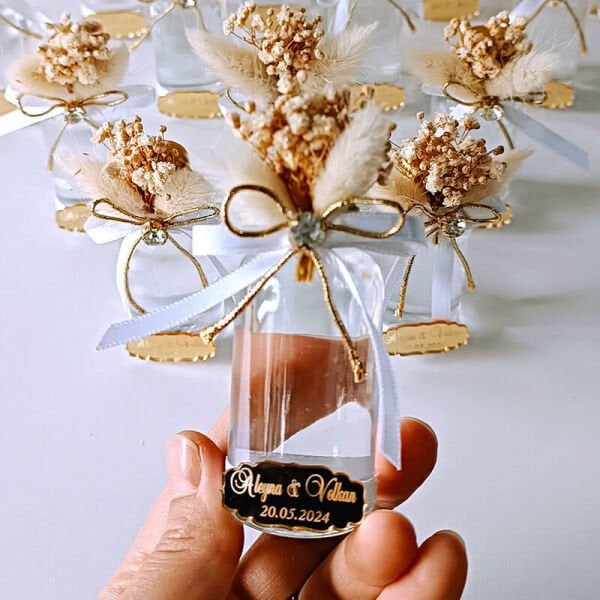 Nikah Şekeri Hediyeliği 30cc Şeffaf Kolonya Dolu Şurup Şişesi Nks-152-A