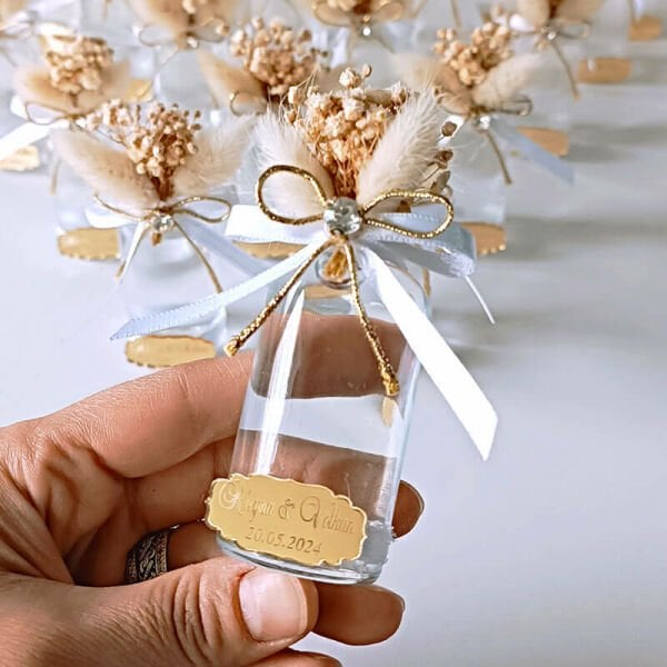 Nikah Şekeri Hediyeliği 30cc Şeffaf Kolonya Dolu Şurup Şişesi Nks-152-A