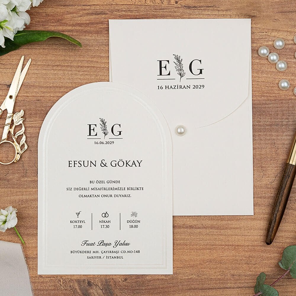 Düğün Davetiyesi Er-505148 | İnci Detay Zarflı Kabartma Desenli Oval Kesim Modern Davetiye