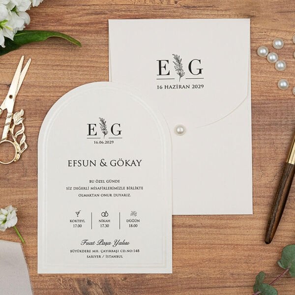 Düğün Davetiyesi Er-505148 | İnci Detay Zarflı Kabartma Desenli Oval Kesim Modern Davetiye