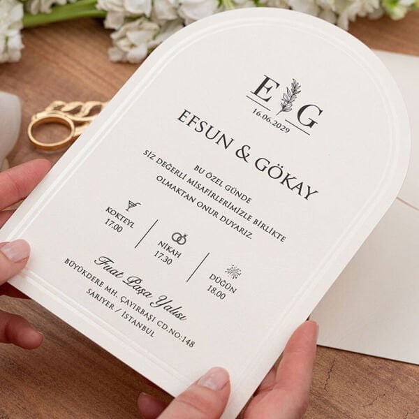 Düğün Davetiyesi Er-505148 | İnci Detay Zarflı Kabartma Desenli Oval Kesim Modern Davetiye