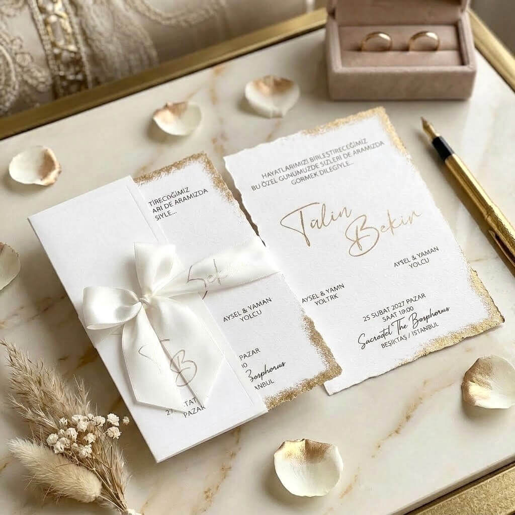 Düğün Davetiyesi Ar-602621 Kapaklı Gold Varak İşlemeli Dalgalı Kesim Kurdeleli Davetiye