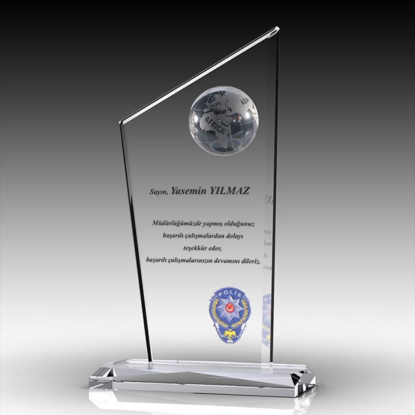 Kristal Plaket Ekt-151 | Yarım Dünyalı Cam Plaket Modeli - Mekece