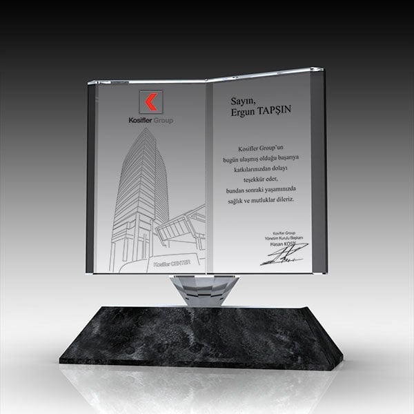Kristal Plaket Ekt-160 | Kitap Şeklinde Mermer Ayaklı Cam Plaket Modeli - Mekece