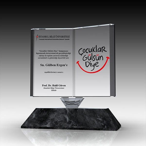 Kristal Plaket Ekt-160 | Kitap Şeklinde Mermer Ayaklı Cam Plaket Modeli - Mekece