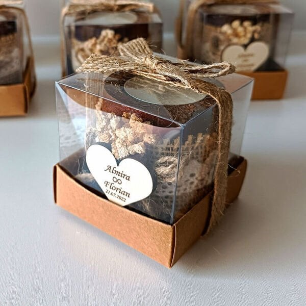 Nikah Şekeri Hediyeliği Asetat Kutu İçerisinde Silindir Ahşap Mumluk Nks-107