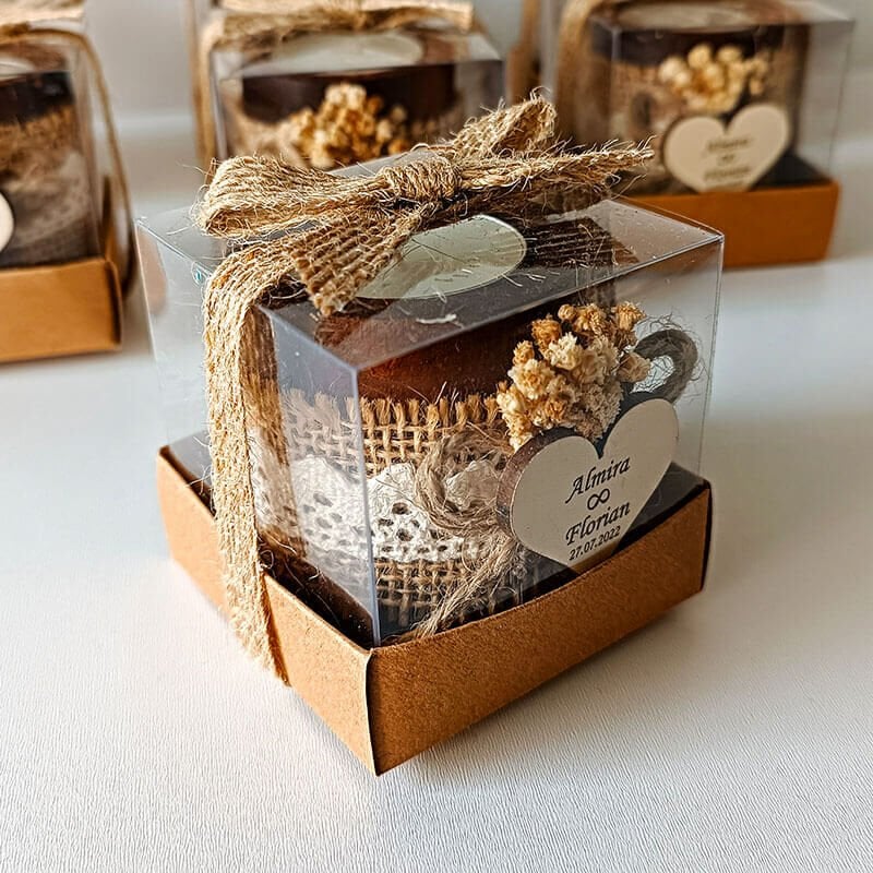 Nikah Şekeri Hediyeliği Asetat Kutu İçerisinde Silindir Ahşap Mumluk Nks-107