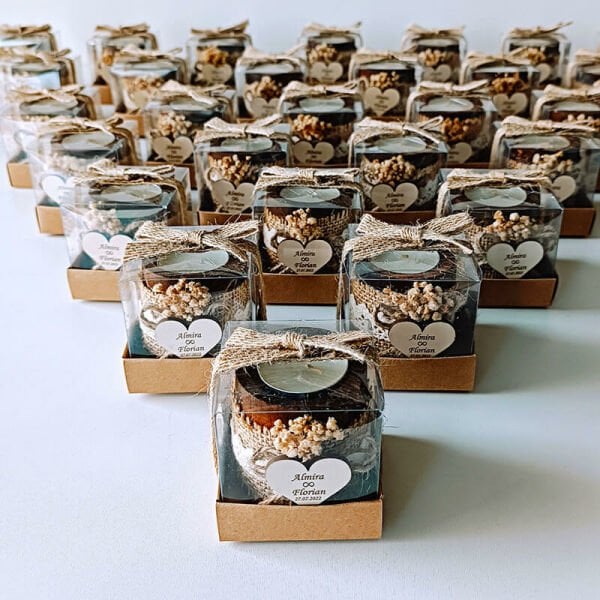 Nikah Şekeri Hediyeliği Asetat Kutu İçerisinde Silindir Ahşap Mumluk Nks-107