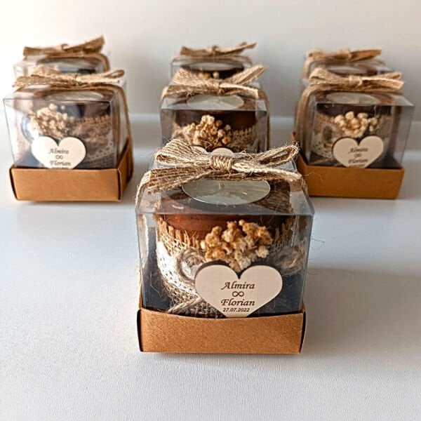 Nikah Şekeri Hediyeliği Asetat Kutu İçerisinde Silindir Ahşap Mumluk Nks-107