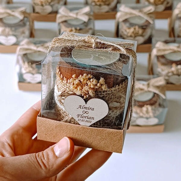 Nikah Şekeri Hediyeliği Asetat Kutu İçerisinde Silindir Ahşap Mumluk Nks-107