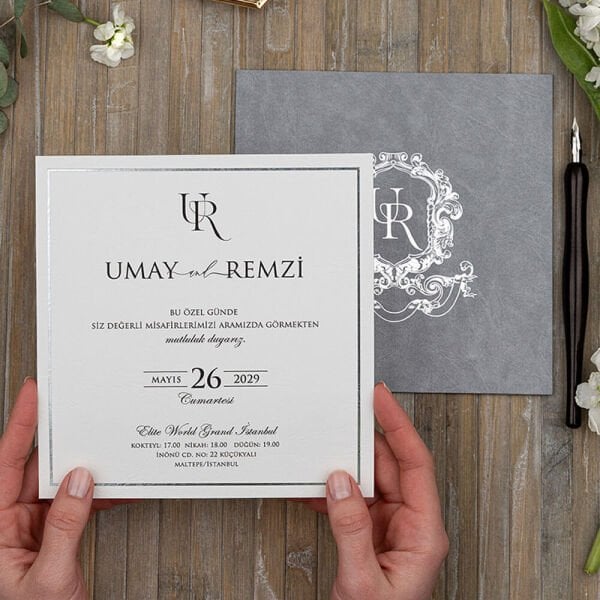 Düğün Davetiyesi Er-505103 | Gri Mermer Desen Zarflı Kare Modern Davetiye