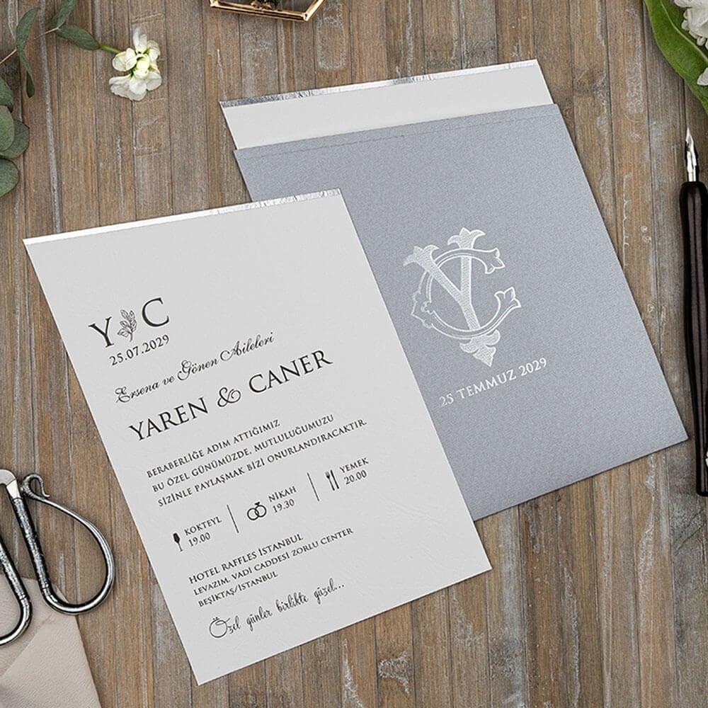 Düğün Davetiyesi Er-505142 | Gri Zarflı Çapraz Kesim Modern Davetiye