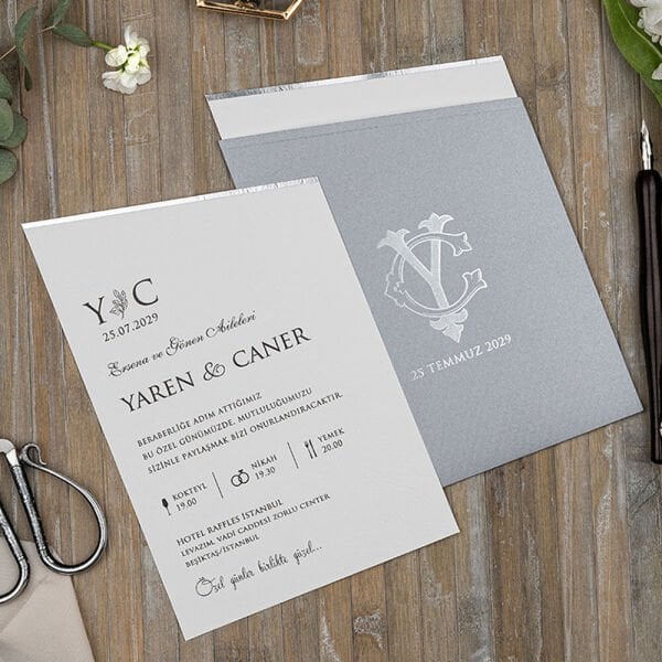 Düğün Davetiyesi Er-505142 | Gri Zarflı Çapraz Kesim Modern Davetiye