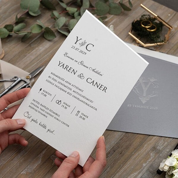 Düğün Davetiyesi Er-505142 | Gri Zarflı Çapraz Kesim Modern Davetiye