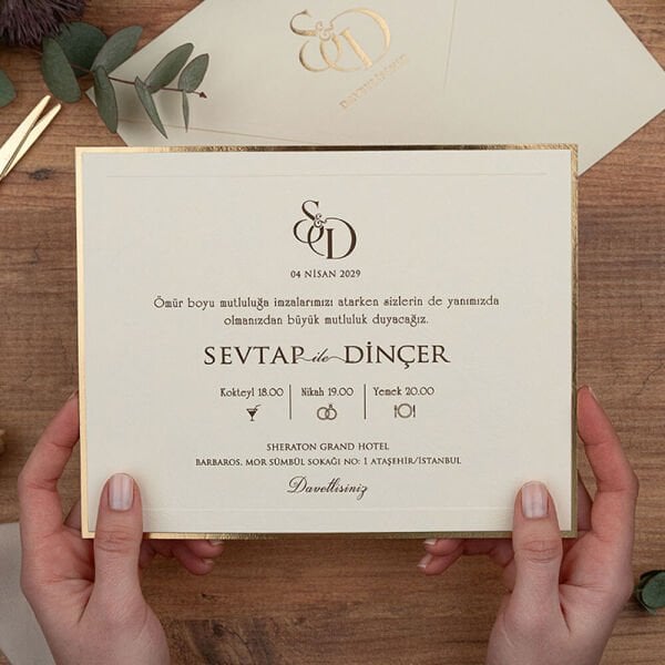 Düğün Davetiyesi Er-505116 | Altın Varak Yaldız Çerçeveli Modern Davetiye