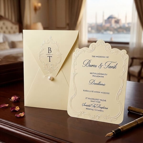 Düğün Davetiyesi Ar-602624 Krem Renk İncili Kabartma Çerçeveli Özel Kesim Modern Davetiye