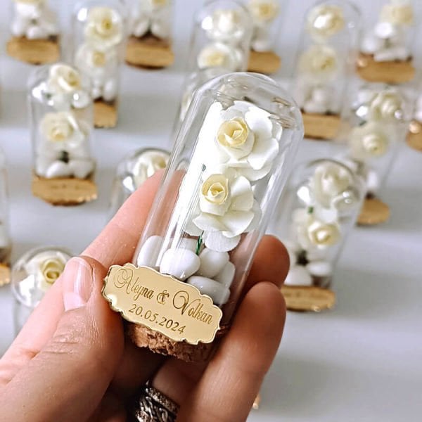 Nikah Şekeri Hediyeliği Kalp Şekerli Kağıt Çiçekli Ters Fanus Şişe Nks-150
