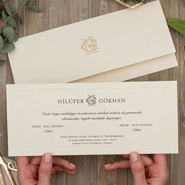 Düğün Davetiyesi Er-505123 | Krem Renk Deri Dokulu Yatay Modern Davetiye