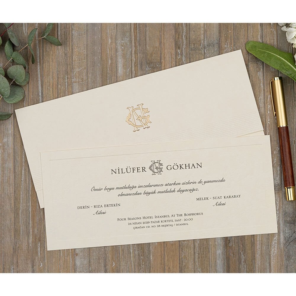 Düğün Davetiyesi Er-505123 | Krem Renk Deri Dokulu Yatay Modern Davetiye