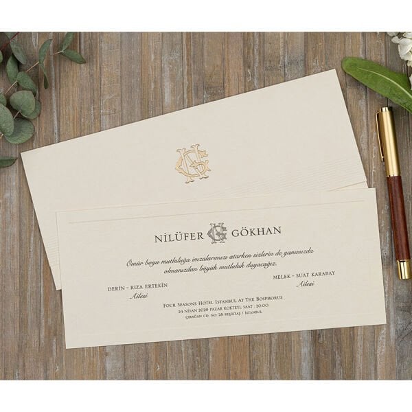 Düğün Davetiyesi Er-505123 | Krem Renk Deri Dokulu Yatay Modern Davetiye