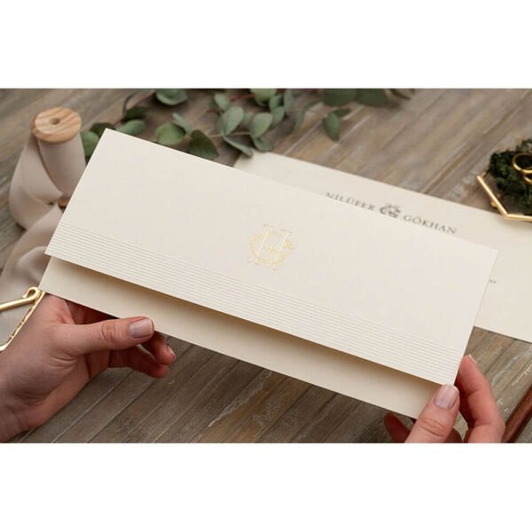 Düğün Davetiyesi Er-505123 | Krem Renk Deri Dokulu Yatay Modern Davetiye