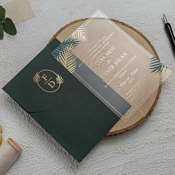 Yeşil Zarflı Yaprak Desenli Şeffaf Davetiye Ekn-4712 Düğün Davetiyesi