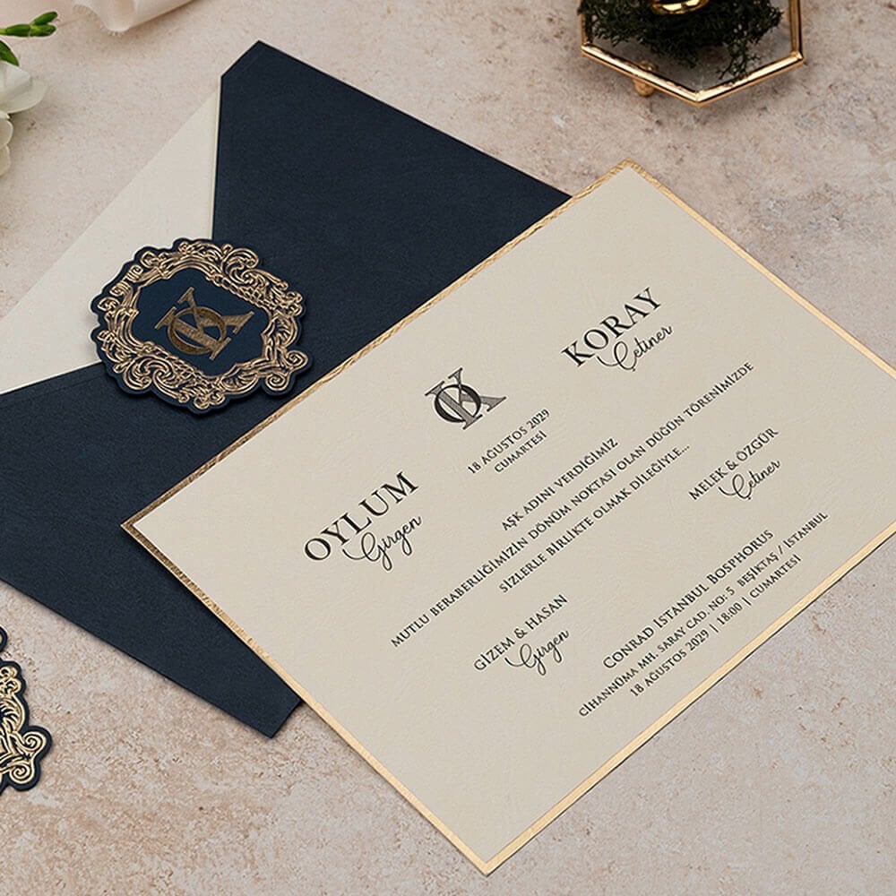 Düğün Davetiyesi Er-505122 | Lacivert Zarflı Karton Mühürlü Modern Davetiye