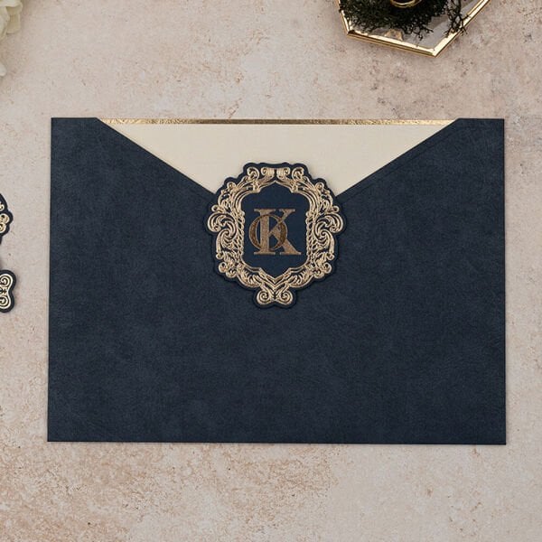 Düğün Davetiyesi Er-505122 | Lacivert Zarflı Karton Mühürlü Modern Davetiye