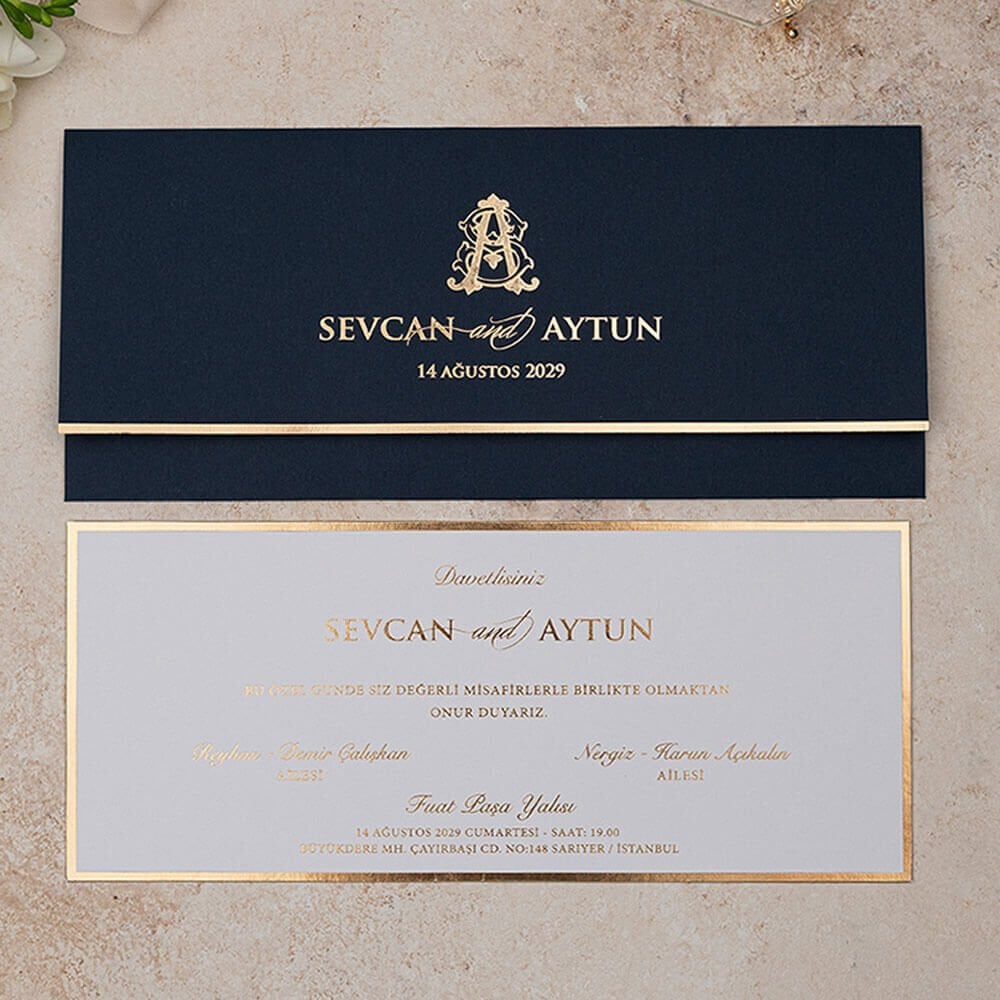 Düğün Davetiyesi Er-505141 | Lacivert Zarflı Varak Yaldız Çerçeveli Modern Davetiye
