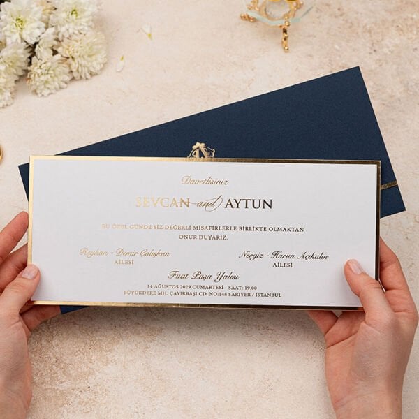 Düğün Davetiyesi Er-505141 | Lacivert Zarflı Varak Yaldız Çerçeveli Modern Davetiye