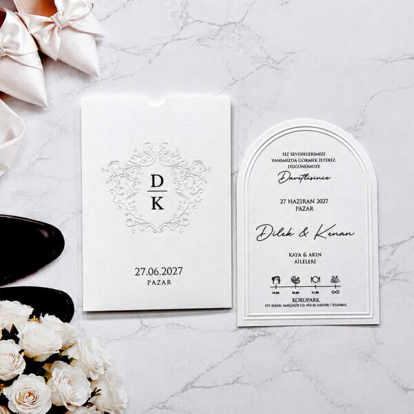 Düğün Davetiyesi Ar-602627 Beyaz Renk Kabartma Desenli Pencere Kesim Davetiye