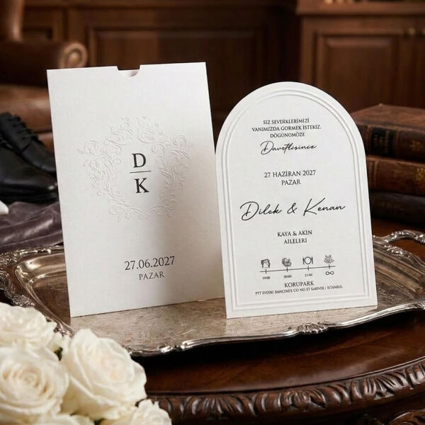 Düğün Davetiyesi Ar-602627 Beyaz Renk Kabartma Desenli Pencere Kesim Davetiye