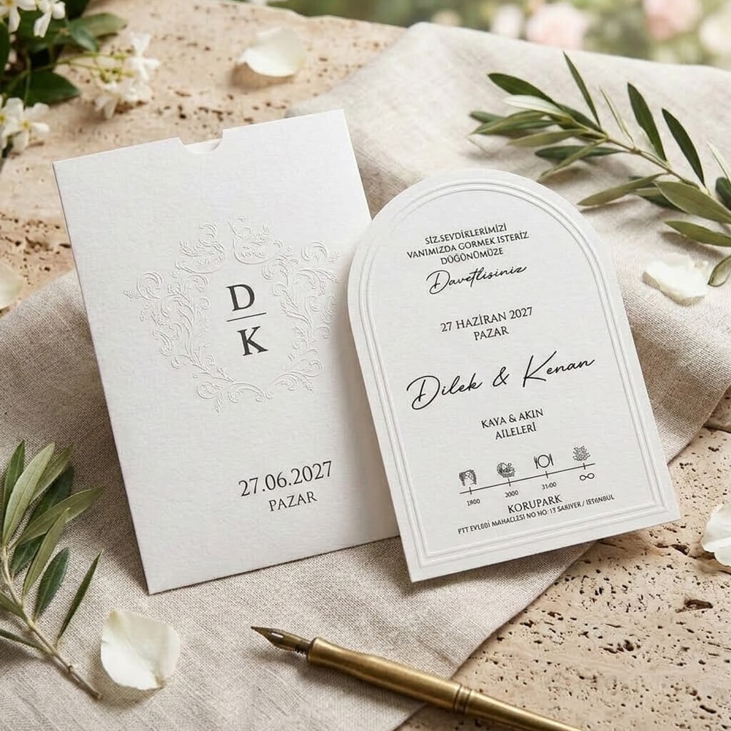Düğün Davetiyesi Ar-602627 Beyaz Renk Kabartma Desenli Pencere Kesim Davetiye