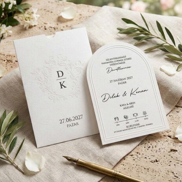 Düğün Davetiyesi Ar-602627 Beyaz Renk Kabartma Desenli Pencere Kesim Davetiye