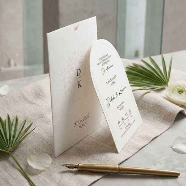 Düğün Davetiyesi Ar-602627 Beyaz Renk Kabartma Desenli Pencere Kesim Davetiye