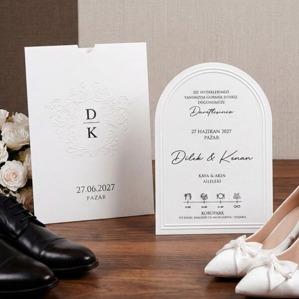 Düğün Davetiyesi Ar-602627 Beyaz Renk Kabartma Desenli Pencere Kesim Davetiye