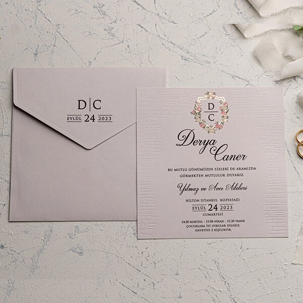 Düğün Davetiyesi Ekn-4536 | Gri Renkli Duvar Desenli Kare Davetiye