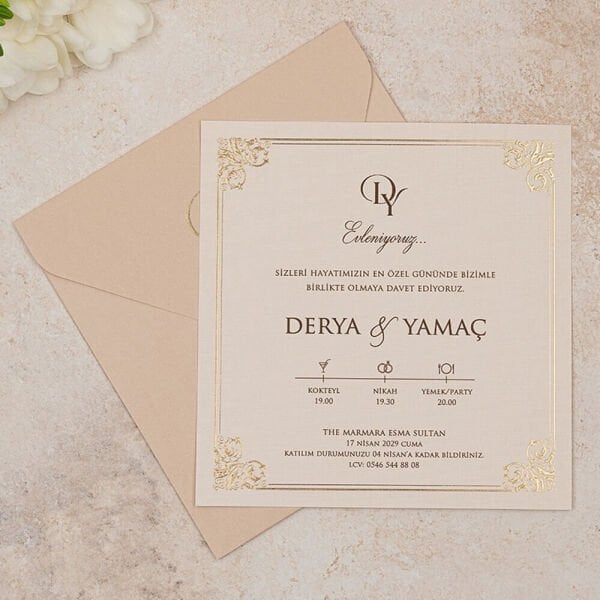 Düğün Davetiyesi Er-505115b | Rose Zarflı Varak Yaldız Çerçeveli Kare Davetiye