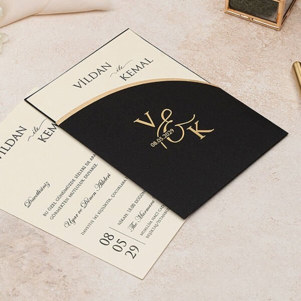 Düğün Davetiyesi Er-505131b | Oval Kesim Siyah Zarflı Modern Davetiye