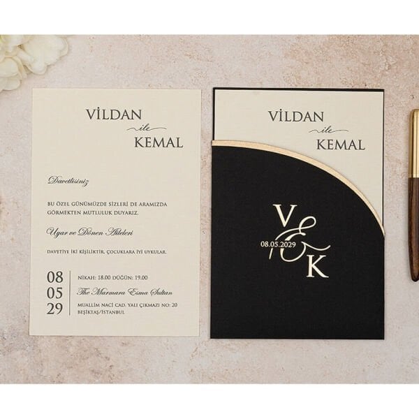 Düğün Davetiyesi Er-505131a | Oval Kesim Siyah Zarflı Modern Davetiye