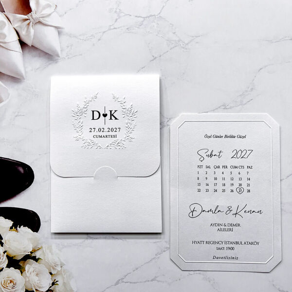 Düğün Davetiyesi Ar-602628 Beyaz Renk Kabartma Desenli Takvim Tasarımlı Davetiye