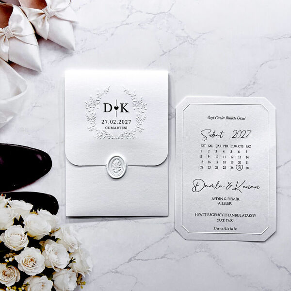 Düğün Davetiyesi Ar-602628M Beyaz Renk Kabartma Desenli Mühürlü Davetiye